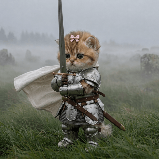 Bundle Cat: a ginger kitten in plate armour with a pink bow, holding a sword upright in a misty field