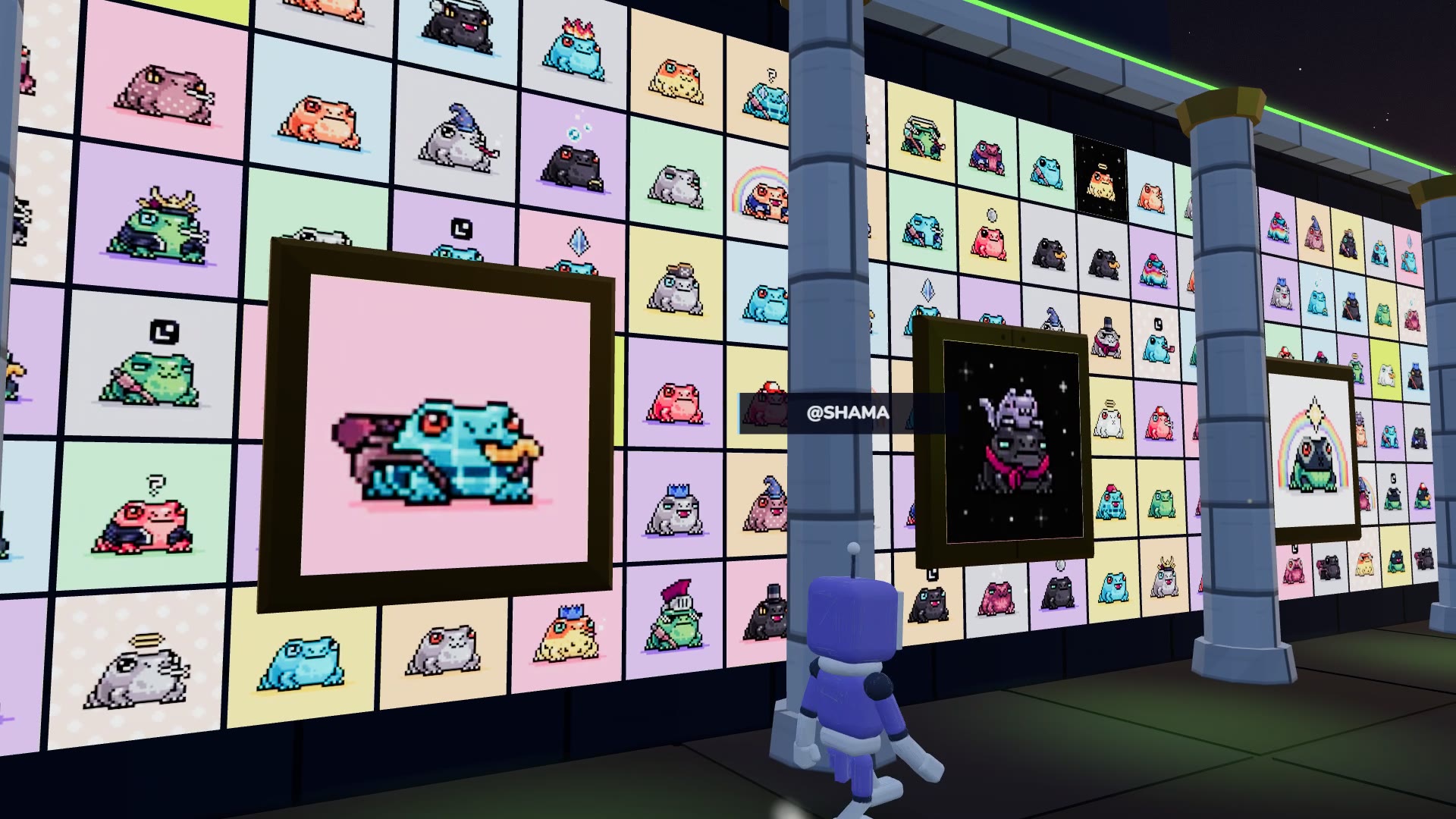 The NFT Museum in GrowBlocks: a wall of framed efrogs in pastel squares between stone columns, a rainbow frog in the largest frame