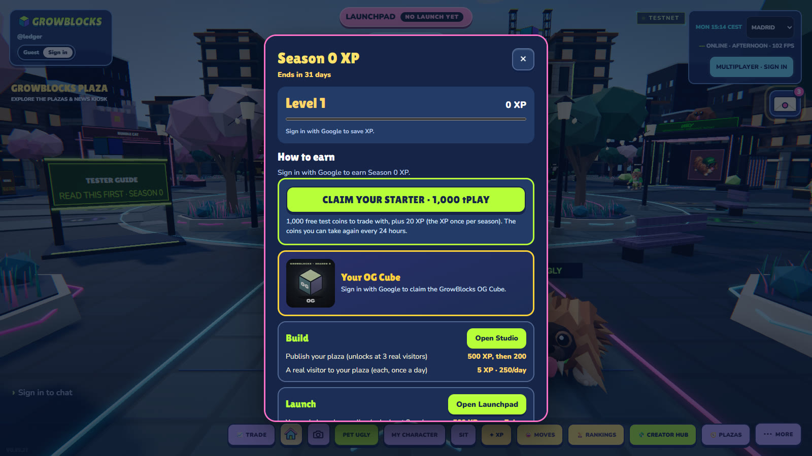 The Season 0 XP panel in the GrowBlocks plaza: Ends in 31 days, a level bar, a Claim your starter 1,000 tPLAY button, the OG Cube card, and the Build and Launch rows with their XP amounts