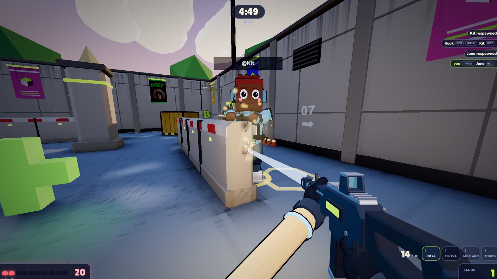 A first-person Shooter Arena match on The Yard map: a rifle in the foreground, an opponent tagged @Kit firing from behind a concrete barrier, health at 20 and a UGLY poster on the wall
