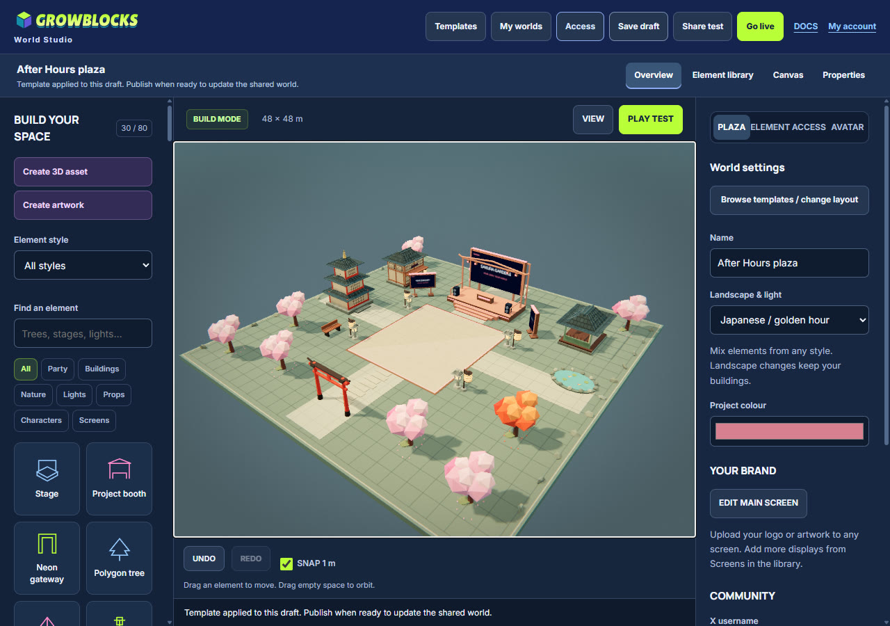 GrowBlocks World Studio: a Japanese-themed plaza with a pagoda, torii gate, cherry trees and a stage being built on a grid, with an element library on the left and world settings on the right