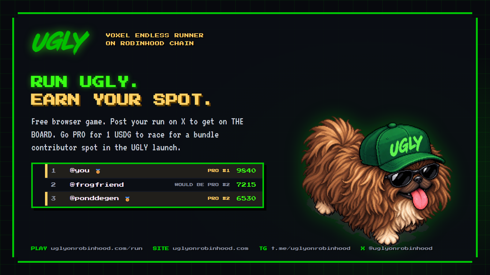 UGLY, a shaggy brown dog in a green cap and sunglasses, beside a pixel leaderboard titled THE BOARD and the words RUN UGLY, EARN YOUR SPOT