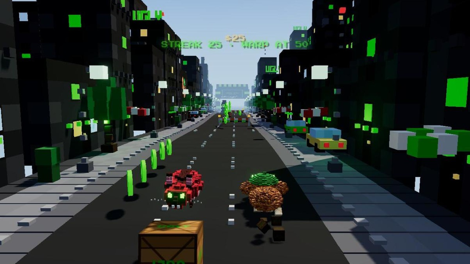 UGLY RUN: the dog in his green cap runs a three-lane voxel city street in daylight, a rat and a crate ahead, green coins to the left
